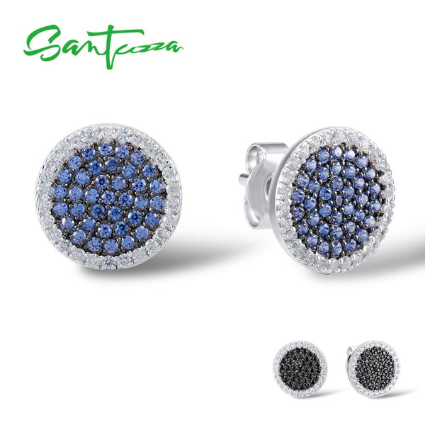 SANTUZZA Silver Round Circle Earrings For Women 925 Sterling Silver Stud Earrings Silver Blue Black  CZ brincos Fashion Jewelry