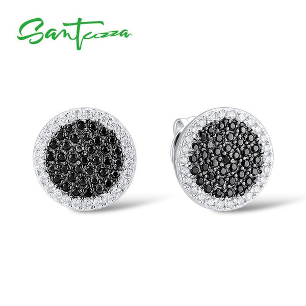 SANTUZZA Silver Round Circle Earrings For Women 925 Sterling Silver Stud Earrings Silver Blue Black  CZ brincos Fashion Jewelry