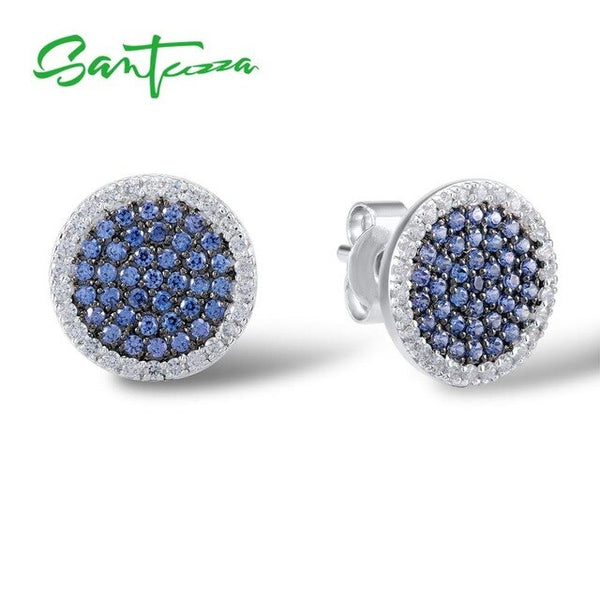 SANTUZZA Silver Round Circle Earrings For Women 925 Sterling Silver Stud Earrings Silver Blue Black  CZ brincos Fashion Jewelry