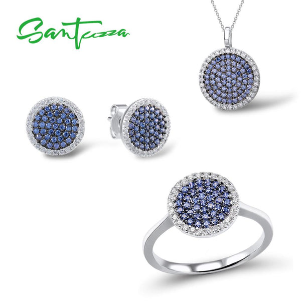 SANTUZZA Silver Jewelry Set For Women Blue Black CZ Round Circle Ring Earrings Pendant Set 925 Sterling Silver Fashion Jewelry