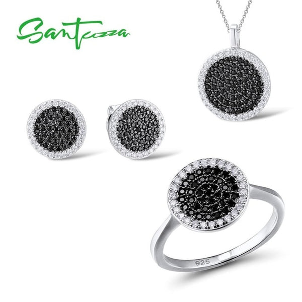 SANTUZZA Silver Jewelry Set For Women Blue Black CZ Round Circle Ring Earrings Pendant Set 925 Sterling Silver Fashion Jewelry