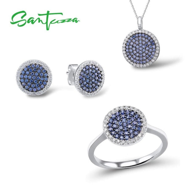 SANTUZZA Silver Jewelry Set For Women Blue Black CZ Round Circle Ring Earrings Pendant Set 925 Sterling Silver Fashion Jewelry