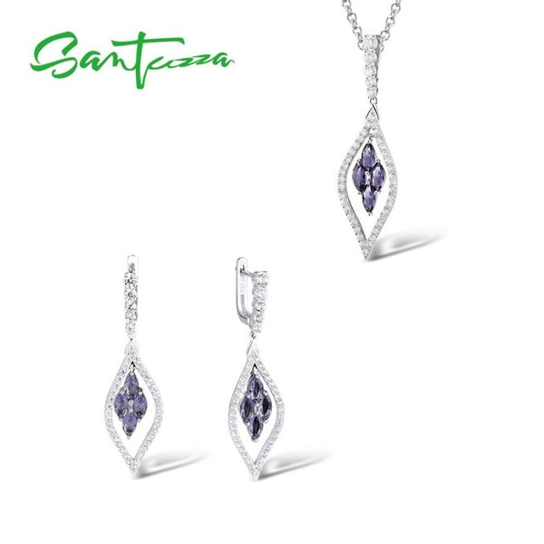 SANTUZZA Silver Jewelry Set for Women Pure 925 Sterling Silver Sparkling Green Purple Blue Pendant Earrings Trendy Fine Jewelry