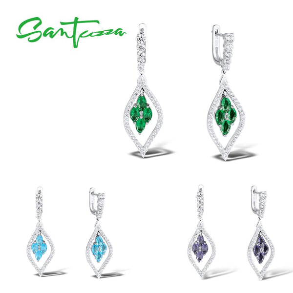 SANTUZZA Silver Earrings For Women Pure 925 Sterling Silver Sparkling Green Purple Blue Trendy Party Drop Earrings Fine Jewelry
