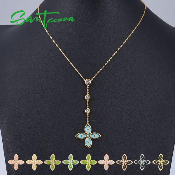 SANTUZZA Flower Necklace For Woman Elegant Multi-Color Flower Sparkling Crystal Necklace Party Fashion Jewelry HANDMADE Enamel