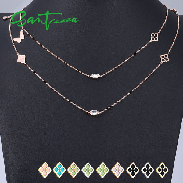 SANTUZZA Geometric Necklace For Woman Multi-Color Butterflies Sparkling Crystal Necklace 110CM Fashion Jewelry HANDMADE Enamel