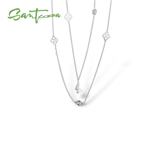 SANTUZZA Geometric Necklace For Woman Multi-Color Butterflies Sparkling Crystal Necklace 110CM Fashion Jewelry HANDMADE Enamel