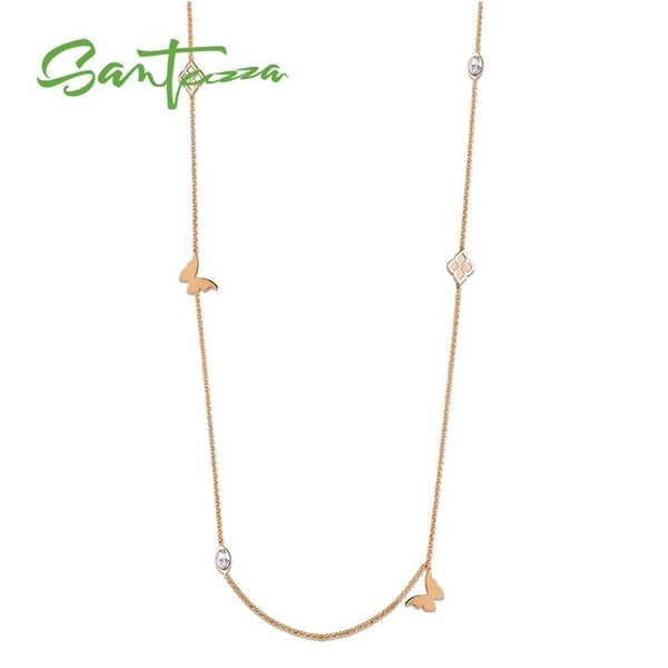 SANTUZZA Geometric Necklace For Woman Multi-Color Butterflies Sparkling Crystal Necklace 110CM Fashion Jewelry HANDMADE Enamel