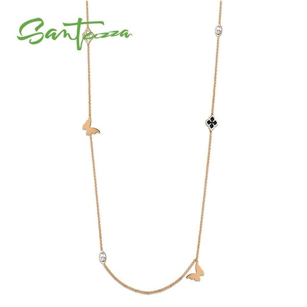 SANTUZZA Geometric Necklace For Woman Multi-Color Butterflies Sparkling Crystal Necklace 110CM Fashion Jewelry HANDMADE Enamel