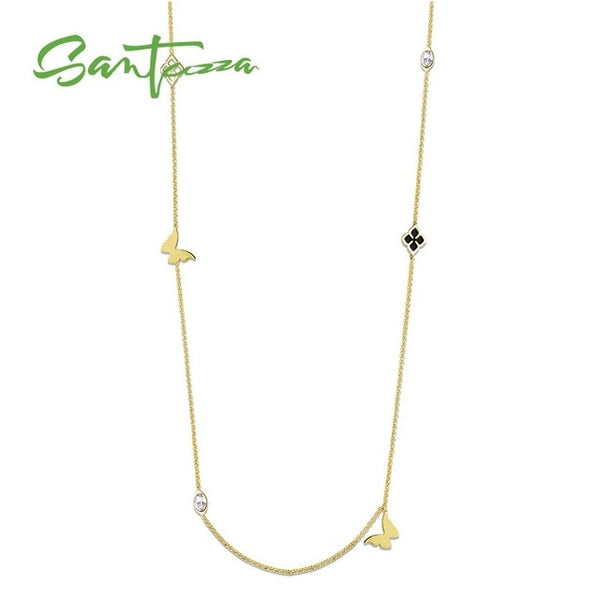 SANTUZZA Geometric Necklace For Woman Multi-Color Butterflies Sparkling Crystal Necklace 110CM Fashion Jewelry HANDMADE Enamel