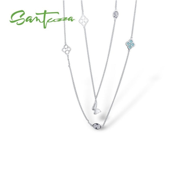 SANTUZZA Geometric Necklace For Woman Multi-Color Butterflies Sparkling Crystal Necklace 110CM Fashion Jewelry HANDMADE Enamel