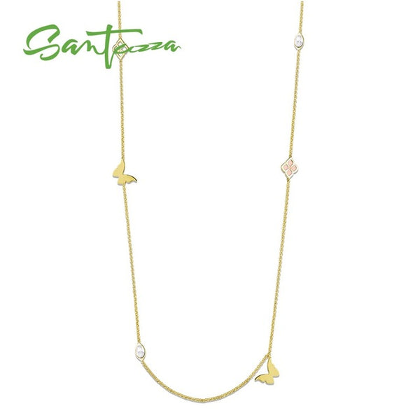 SANTUZZA Geometric Necklace For Woman Multi-Color Butterflies Sparkling Crystal Necklace 110CM Fashion Jewelry HANDMADE Enamel