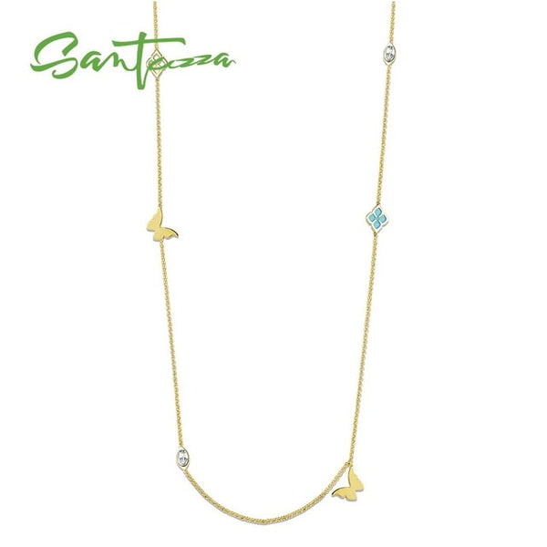 SANTUZZA Geometric Necklace For Woman Multi-Color Butterflies Sparkling Crystal Necklace 110CM Fashion Jewelry HANDMADE Enamel