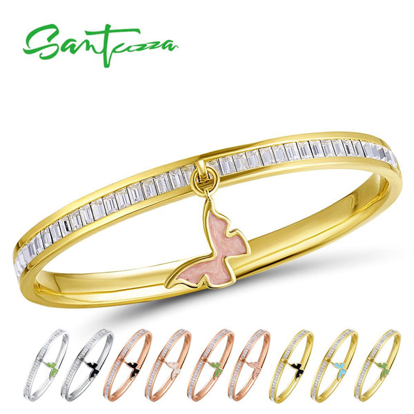 SANTUZZA Bangle For Woman Multi-Color Butterfly Bracelet Bangle Sparkling Crystal Elegant Trendy Fashion Jewelry HANDMADE Enamel