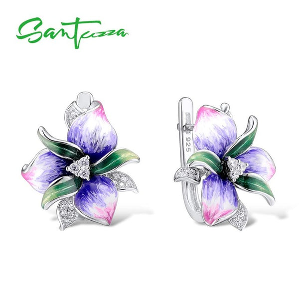 SANTUZZA Silver Earrings For Woman 925 Sterling Silver For Women High Quality Colorful Enamel Flower Earrings Fashion Jewelry