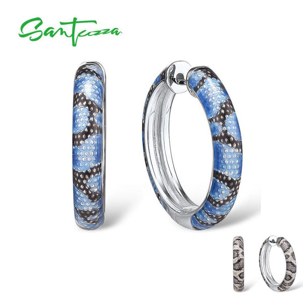SANTUZZA  925 Sterling Silver Earrings For Women Delicate Blue Grey Enamel Snake Veins Hoop Earrings Chic Fine Jewelry Handamde