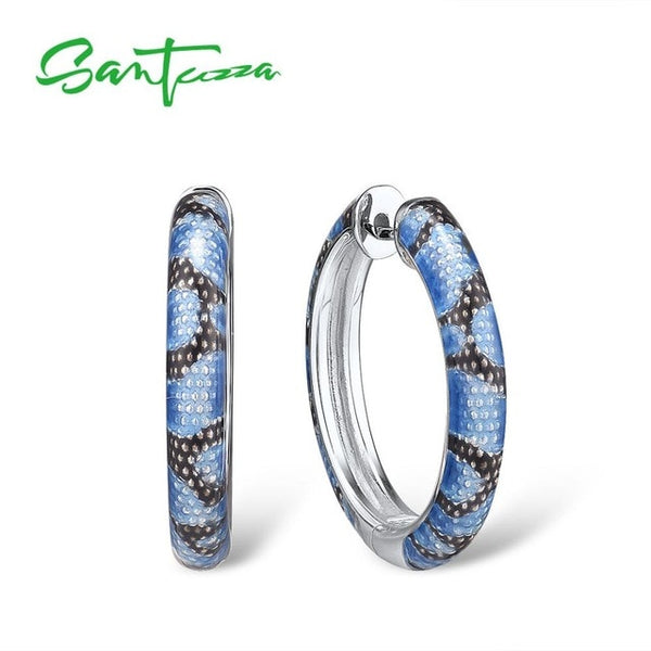 SANTUZZA  925 Sterling Silver Earrings For Women Delicate Blue Grey Enamel Snake Veins Hoop Earrings Chic Fine Jewelry Handamde
