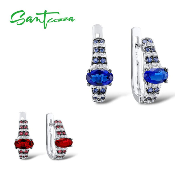 SANTUZZA Silver Earrings For Women Genuine 925 Sterling Silver Elegant Oval Red Blue  Trendy Stud Earrings серьги Fine Jewelry