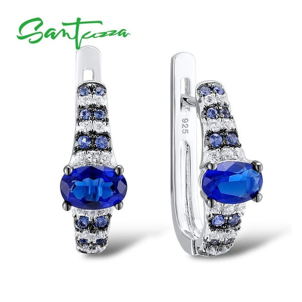 SANTUZZA Silver Earrings For Women Genuine 925 Sterling Silver Elegant Oval Red Blue  Trendy Stud Earrings серьги Fine Jewelry