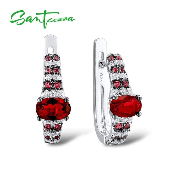 SANTUZZA Silver Earrings For Women Genuine 925 Sterling Silver Elegant Oval Red Blue  Trendy Stud Earrings серьги Fine Jewelry