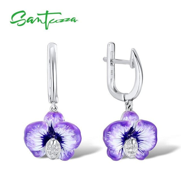 SANTUZZA Silver Earrings For Women 925 Sterling Silver Blue Flower Dangle Earrings Cubic Zirconia brincos Chic Jewelry Enamel