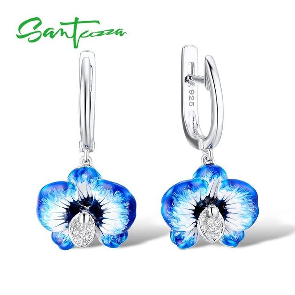 SANTUZZA Silver Earrings For Women 925 Sterling Silver Blue Flower Dangle Earrings Cubic Zirconia brincos Chic Jewelry Enamel