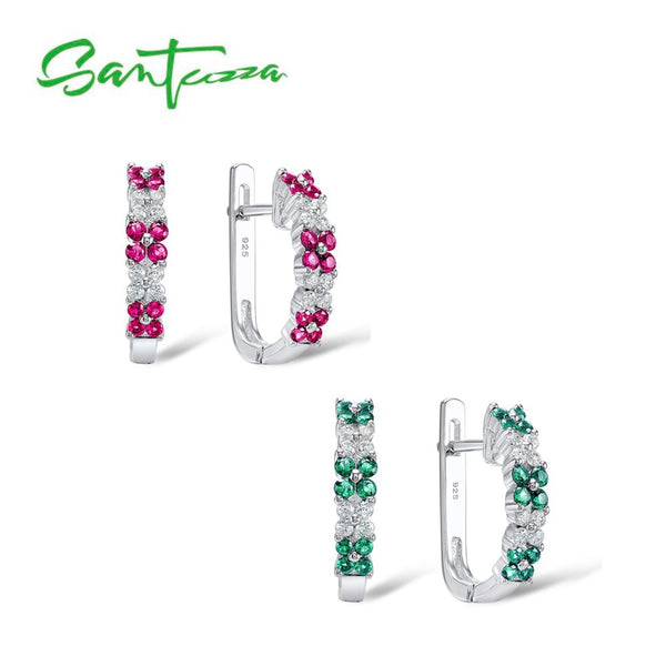 SANTUZZA Silver Earrings For Women 925 Sterling Silver Earrings Shiny Green Pink CZ Elegant Flowers Party Fashion Jewelry