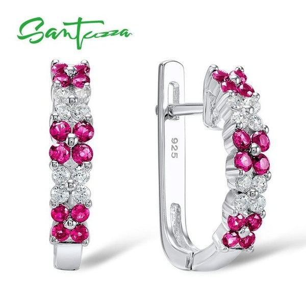 SANTUZZA Silver Earrings For Women 925 Sterling Silver Earrings Shiny Green Pink CZ Elegant Flowers Party Fashion Jewelry
