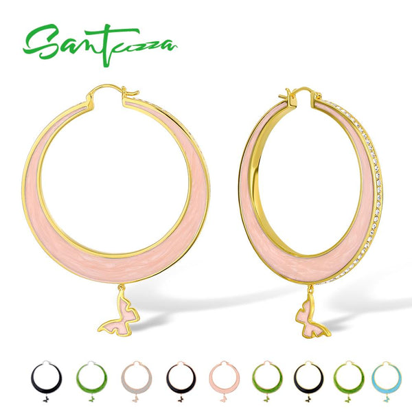 SANTUZZA Drop Earrings For Women Colorful Big Circle Lovely Butterfly Sparkling Crystals Trendy Fashion Jewelry Handmade Enamel