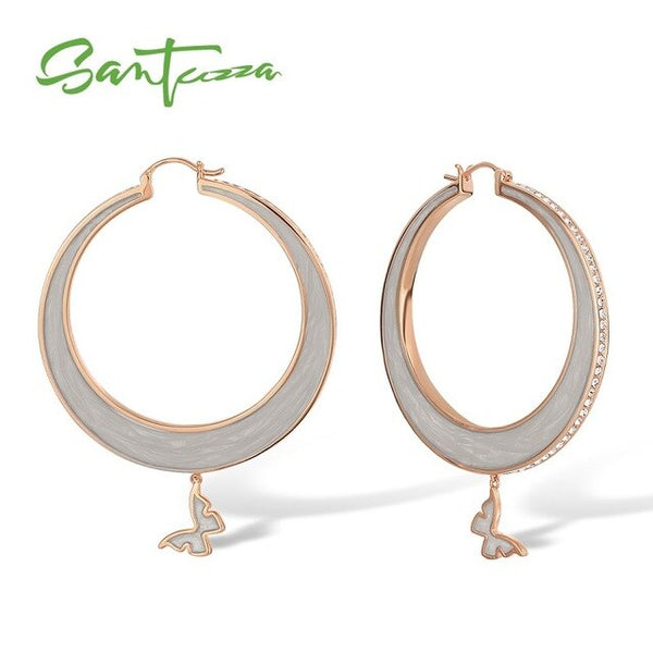 SANTUZZA Drop Earrings For Women Colorful Big Circle Lovely Butterfly Sparkling Crystals Trendy Fashion Jewelry Handmade Enamel