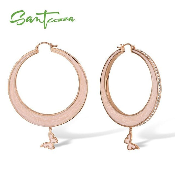 SANTUZZA Drop Earrings For Women Colorful Big Circle Lovely Butterfly Sparkling Crystals Trendy Fashion Jewelry Handmade Enamel