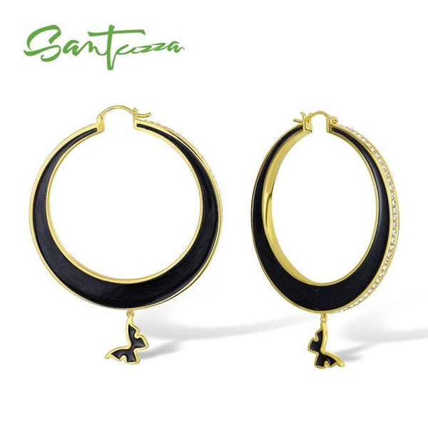 SANTUZZA Drop Earrings For Women Colorful Big Circle Lovely Butterfly Sparkling Crystals Trendy Fashion Jewelry Handmade Enamel