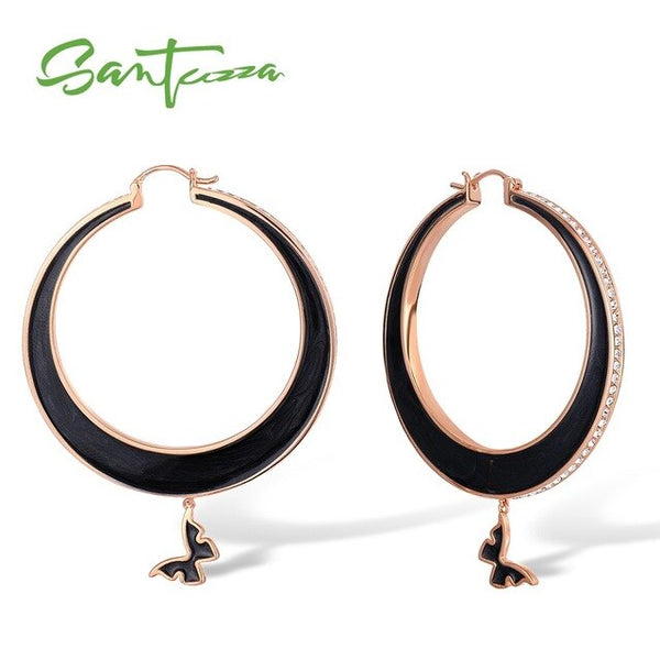 SANTUZZA Drop Earrings For Women Colorful Big Circle Lovely Butterfly Sparkling Crystals Trendy Fashion Jewelry Handmade Enamel