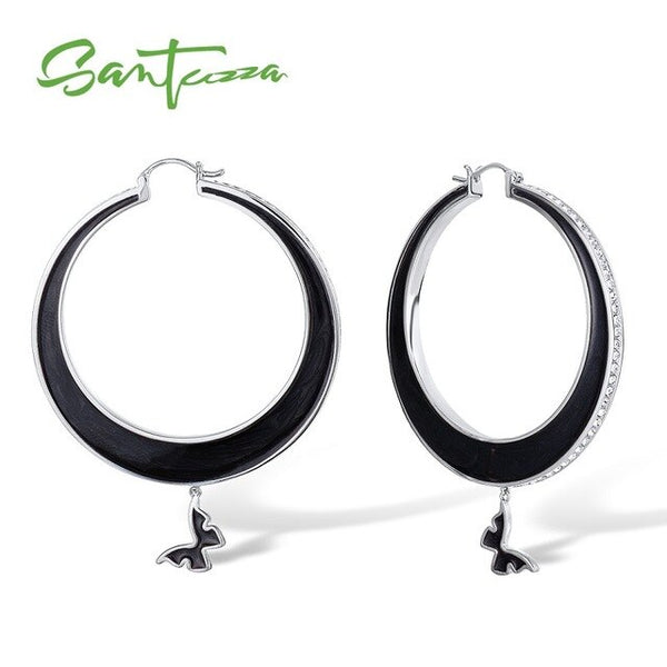 SANTUZZA Drop Earrings For Women Colorful Big Circle Lovely Butterfly Sparkling Crystals Trendy Fashion Jewelry Handmade Enamel