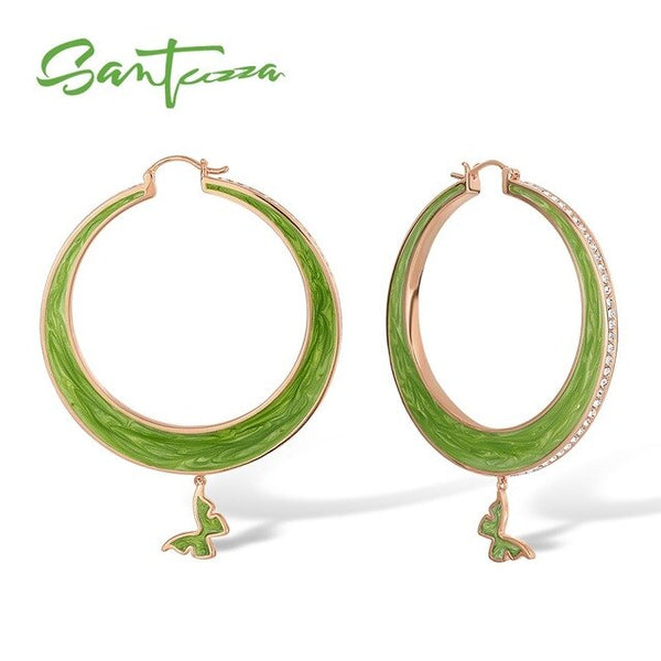 SANTUZZA Drop Earrings For Women Colorful Big Circle Lovely Butterfly Sparkling Crystals Trendy Fashion Jewelry Handmade Enamel
