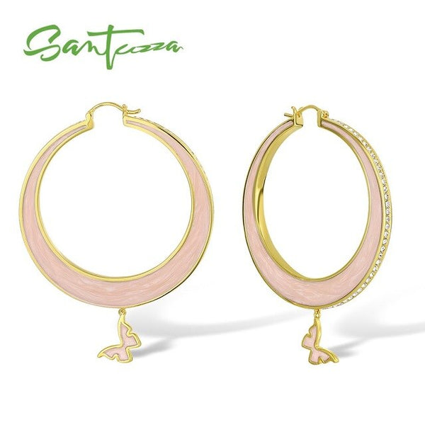 SANTUZZA Drop Earrings For Women Colorful Big Circle Lovely Butterfly Sparkling Crystals Trendy Fashion Jewelry Handmade Enamel