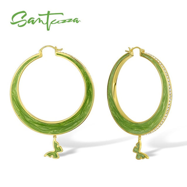 SANTUZZA Drop Earrings For Women Colorful Big Circle Lovely Butterfly Sparkling Crystals Trendy Fashion Jewelry Handmade Enamel
