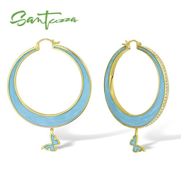 SANTUZZA Drop Earrings For Women Colorful Big Circle Lovely Butterfly Sparkling Crystals Trendy Fashion Jewelry Handmade Enamel