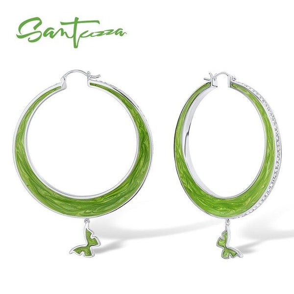 SANTUZZA Drop Earrings For Women Colorful Big Circle Lovely Butterfly Sparkling Crystals Trendy Fashion Jewelry Handmade Enamel