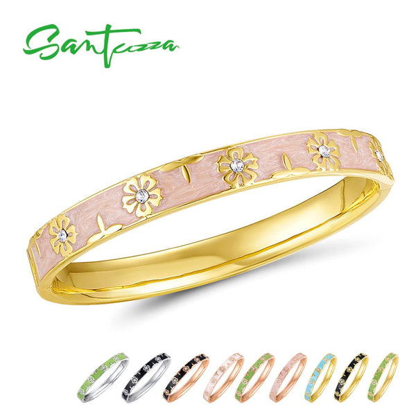 SANTUZZA Trendy Bangle For Woman Fancy Multi-Color Flower Bracelet Bangles Sparkling Crystals Fashion Jewelry HANDMADE Enamel